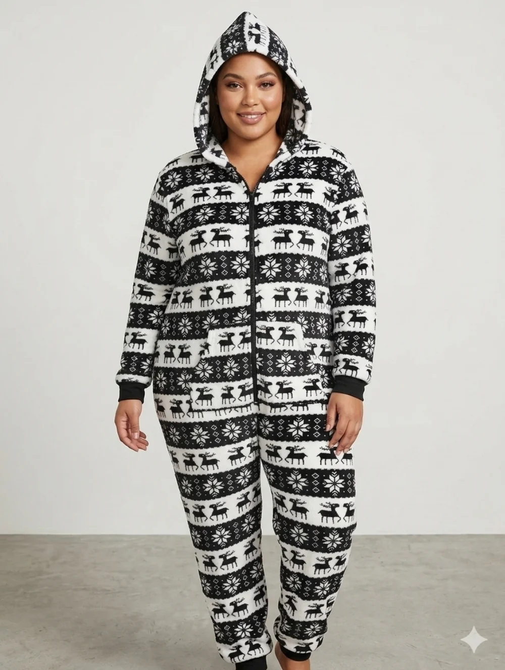 Black & White Hooded Holiday Fleece Onesie Pajamas